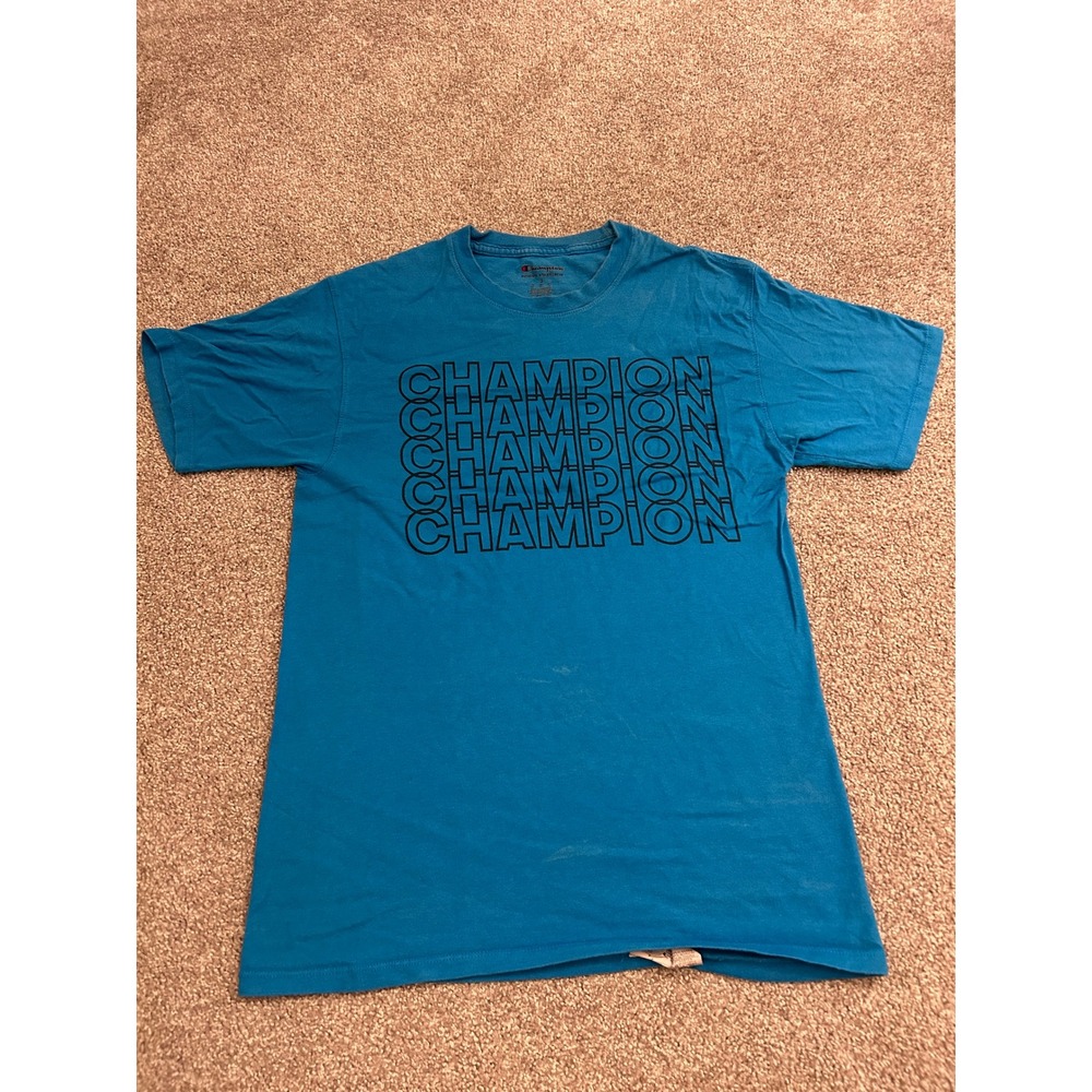 Champion Graphic T-Shirt Mens Small Blue Good Stacked Logo Short Sleeve Cotton